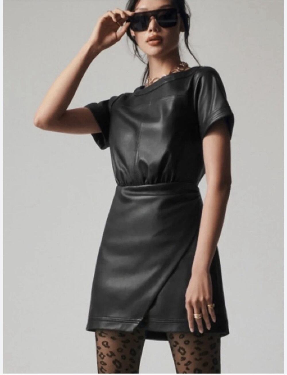 ANTHROPOLOGIE faux leather wrap dress with cutout back 12P Grunge Rave